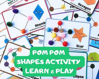 Pom Pom Shapes Activity Preschool Printable, 2D Shapes Montessori Printable Visual Cards, Math Toddler Activity, STEM Printable Activities