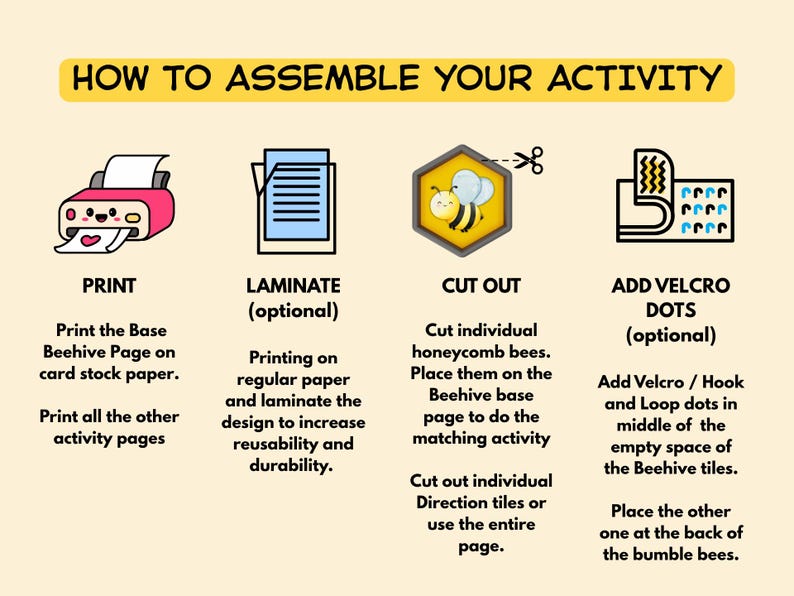 May include: An instructional graphic titled HOW TO ASSEMBLE YOUR ACTIVITY with four steps: PRINT showing a pink printer, LAMINATE showing a document, CUT OUT showing a bee in a hexagon with scissors, and ADD VELCRO DOTS showing adhesive strips.