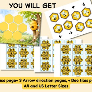 May include: A printable educational activity set featuring a base page with a honeycomb grid and beehive, a page of bee tiles, and three pages of direction coding tiles with arrows. The text reads YOU WILL GET, 27 Direction coding activity tiles, and 1 Base page+ 3 Arrow direction pages, + Bee tiles page A4 and US Letter Sizes.
