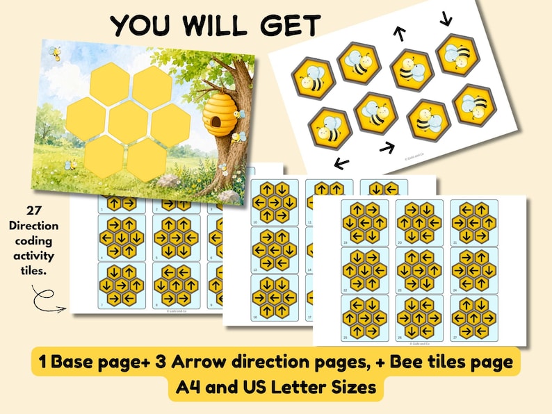 May include: A printable educational activity set featuring a base page with a honeycomb grid and beehive, a page of bee tiles, and three pages of direction coding tiles with arrows. The text reads YOU WILL GET, 27 Direction coding activity tiles, and 1 Base page+ 3 Arrow direction pages, + Bee tiles page A4 and US Letter Sizes.