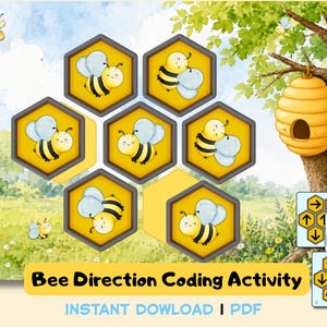 May include: A Bee Direction Coding Activity PDF featuring a watercolor landscape with a tree, a beehive, and several hexagonal cells containing cartoon bees. Two smaller square cards show hexagonal grids with directional arrows.