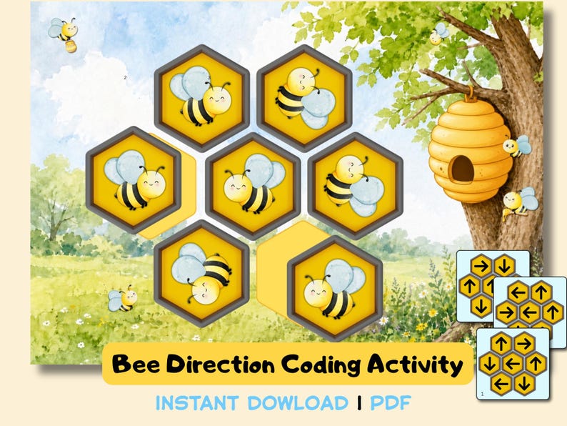 May include: A Bee Direction Coding Activity PDF featuring a watercolor landscape with a tree, a beehive, and several hexagonal cells containing cartoon bees. Two smaller square cards show hexagonal grids with directional arrows.