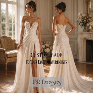 Custom Made A-Line Chiffon Wedding Dress Strapless Sweetheart Neckline Open Back Side Slit Sweep Train Pleated Bridal Gown