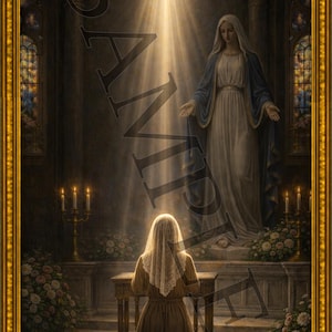 Puede incluir: Una obra de arte religiosa enmarcada representa a una mujer arrodillada en oración ante un altar, con la Virgen María al fondo. Una paloma y rayos de luz iluminan la escena. La obra está ambientada en una iglesia con vidrieras y velas.