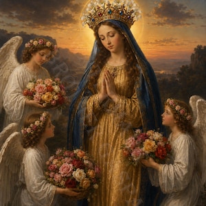 May include: A religious painting depicts a woman in a gold gown and blue veil, wearing a jeweled crown and halo. Three angels in white robes hold baskets of roses. The background shows a sunset over a mountain range.