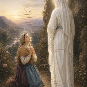 May include: A painting depicting a young person kneeling in prayer, wearing a headscarf, a light-colored blouse, and a dark skirt, facing a tall, standing figure draped in a long white robe with a blue sash and a glowing halo, set in a rocky landscape.