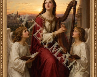 May include: A framed painting depicts a woman playing a harp, with two angels kneeling nearby. The woman wears a red and white gown, and the angels are in white robes. The background shows a sunset and classical architecture.