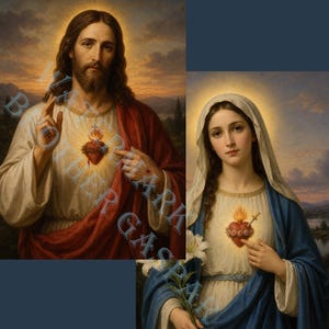 Può includere: Una stampa d'arte religiosa con due figure. A sinistra, un uomo con lunghi capelli castani e barba indossa una tunica bianca e un mantello rosso, mostrando un cuore luminoso. A destra, una donna con velo bianco e mantello blu tiene un cuore.