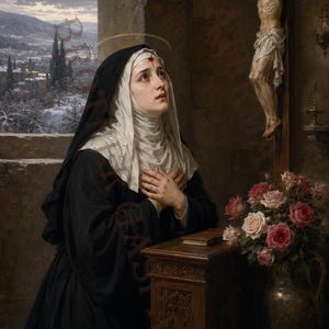Könnte beinhalten: Gemälde einer Nonne in schwarzem Habit und weißer Haube, die betend kniet. Ein Kruzifix hängt an der Wand hinter ihr. Eine Vase mit rosa und roten Rosen steht auf einem Holztisch. Der Hintergrund zeigt eine Winterlandschaft.