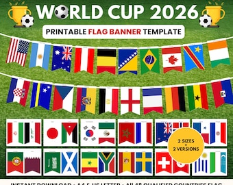 WM 2026 Flagge Banner bedruckbar, Fußball Party Dekorationen, Alle 48 Qualifizierten Länder, Fußball Banner, Klassenzimmer Dekoration, Flaggengirlande