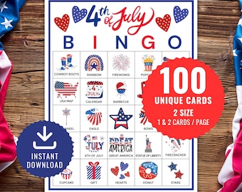 4. Juli Bingo, 100 am vierten Juli Bingokarten, 4. Juli Spiel, 4. Juli Bingospiel, 4. Juli Bingo, Unabhängigkeitstag Bingo