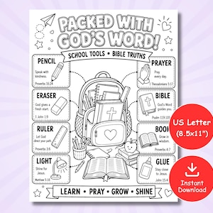 May include: A black and white coloring page titled PACKED WITH GOD'S WORD! featuring a backpack filled with school supplies and Bible verses. The sheet includes labels for pencil, eraser, ruler, light, prayer, Bible, book, and glue, sized at 8.5x11 inches.