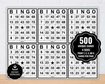 May include: A set of printable bingo cards featuring six grid layouts with black numbers and a central star icon. The image includes text stating 500 UNIQUE CARDS 4 SIZES PRINT 1, 2, 4, OR 6 CARDS PER PAGE and an icon with the text INSTANT DOWNLOAD.