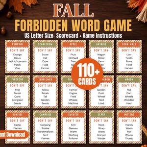 May include: A Fall Forbidden Word Game set featuring 110+ cards with US Letter size instructions. Each card lists a main word and five forbidden words to avoid. The design uses orange, green, and white stripes with clear black text.