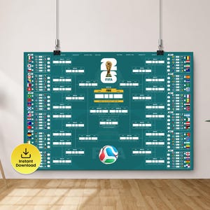 Könnte beinhalten: Ein türkisfarbenes Poster mit einer FIFA-Weltmeisterschafts-Turniertabelle, mit Teamflaggen und Spielinformationen. Das Poster enthält die FIFA-Trophäe und eine Fußballgrafik. Die Worte "Sofort-Download" befinden sich auf einem gelben Kreis.