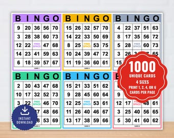1000 cartones de bingo gigantes imprimibles / 1, 2, 4 y 6 por página / Cartones de bingo con letra grande, juego de bingo para fiestas, descarga digital en PDF