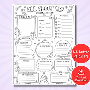 May include: A black and white printable activity sheet titled All About Me! Christmas Edition, measuring 21.59x27.94 cm. The page features sections for personal details, favourites, and goals, decorated with line art of a snowman, tree, and gifts.