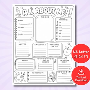 May include: A black and white printable worksheet titled ALL ABOUT ME! featuring sections for personal details, favorites, and goals. The layout includes illustrations of a pencil, ruler, apple, and backpack, sized for 8.5x11 inch US Letter paper.