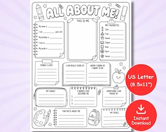 May include: A black and white printable worksheet titled ALL ABOUT ME! featuring sections for personal details, favorites, and goals. The layout includes illustrations of a pencil, ruler, apple, and backpack, sized for 8.5x11 inch US Letter paper.