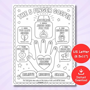 Op de afbeelding: Een zwart-wit kleurplaat getiteld The 5 Finger Gospel met een handillustratie met genummerde vingers en tekstballonnen met religieuze tekst en iconen. De pagina meet 21,59x27,94 cm en bevat de tekst God's Love Changes Everything en bijbelverzen.