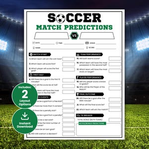 以下が含まれることがあります： 黒と緑で「SOCCER MATCH PREDICTIONS」というタイトルのサッカーの試合予測シート。シートには、日付、時間、会場、スコアのセクションと、試合のイベントと結果に関する質問が含まれています。2つのレイアウトオプションとインスタントダウンロードが含まれています。