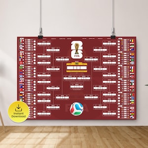 以下が含まれることがあります： チームの旗、FIFAトロフィー、サッカーボールのグラフィックが描かれた、FIFAワールドカップのトーナメント表のマルーンポスター。「2026 FIFA FINAL」と「Instant Download」の文字が含まれています。