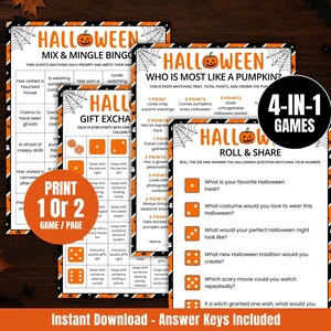 Puede incluir: Un conjunto de cuatro juegos imprimibles para fiestas de Halloween con bordes naranjas y negros y detalles de telarañas. Las hojas incluyen Mix & Mingle Bingo, Who Is Most Like A Pumpkin, Gift Exchange y Roll & Share con varias preguntas.