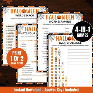 May include: A set of four printable Halloween game sheets featuring a word search, word scramble, emoji challenge, and a name generator. The white pages have orange and black striped borders with spider web accents and orange pumpkin icons.