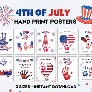 May include: A collection of ten 4th of July hand print posters featuring red, white, and blue patriotic designs. Each poster includes illustrations of fireworks, American flags, stars, and text such as Happy 4th of July, Made in the USA, and Land of the Free.