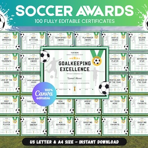 100 redigerbara fotbollspriscertifikat, fotbollsutmärkelser, fotbollslagsutmärkelser, säsongsavslutningsceremoni, fotbollsutmärkelser Canva-mall