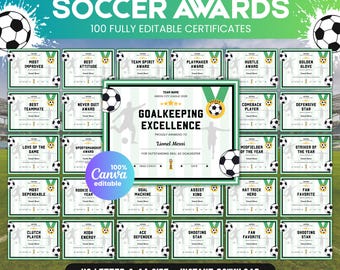 May include: A collection of soccer award certificates with green and white borders. The certificates are for various achievements, including "Most Improved," "Best Teammate," and "Goal Machine." The text "Soccer Awards" is at the top.