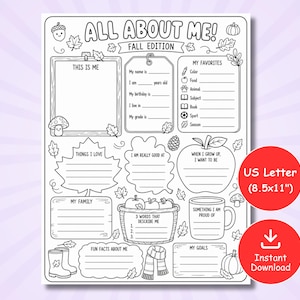 Puede incluir: Una hoja de trabajo All About Me Fall Edition en blanco y negro en papel de 21,59x27,94 cm. La página incluye secciones para detalles personales, favoritos, familia, metas y datos curiosos, decorada con dibujos de bellotas, hojas y calabazas.