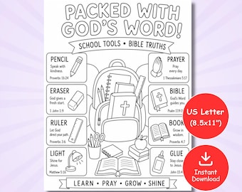 Packed With Faith Coloring Page, Christian Back to School Coloring Page, Sunday School Printable, Kids Bible Activity, First Day of School