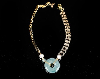 Natural Icy Green Jadeite Jade with pearls bracelets gold plated silver, Vintage circle donut jade bracelet, Pearls with Jade Jewelry Women