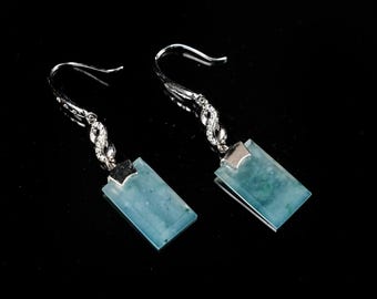 Orecchini pendenti in giada verde ghiaccio naturale, in argento sterling 925, orecchini rettangolari vintage in giada, gioielli minimalisti e delicati in giada da donna.