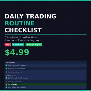 May include: A digital checklist for daily trading routines. The checklist includes sections for pre-session, session open, and active trading. The text on the image includes "Daily Trading Routine Checklist".