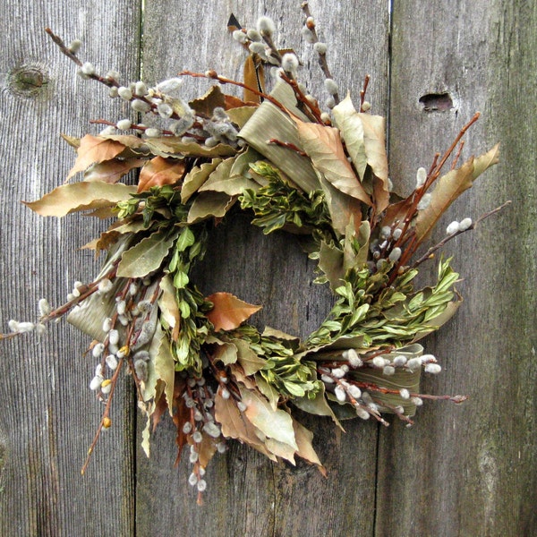 Spring Pussy Willow Wreath, Natural Dried Wreath - Spring Dream - Pussy Willow & Bay Laurel