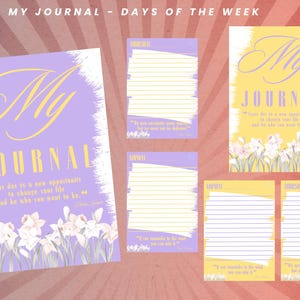 Puede incluir: Un conjunto de diarios y blocs de notas de estilo retro con diseños florales. Los diarios presentan el texto "My Journal" en una fuente cursiva, junto con citas inspiradoras. La paleta de colores incluye lavanda, amarillo y blanco.