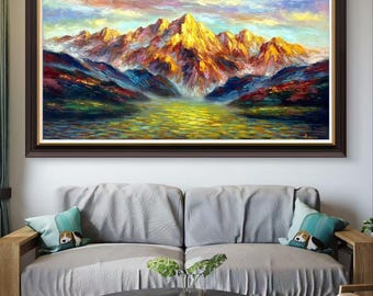 Impasto Golden Mountain Oil Painting | Textured Sunset Snowy Peak Canvas Art