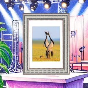 May include: A framed wall art print featuring a photograph of two adult cranes standing tall with their necks arched and beaks pointed upward in a grassy field, accompanied by a small chick standing nearby on the ground in the foreground.