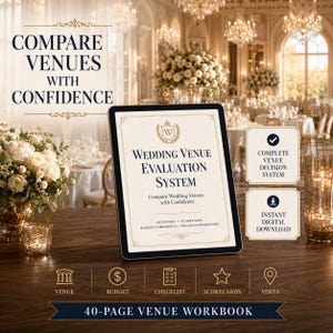 May include: A digital tablet displaying a Wedding Venue Evaluation System workbook. The screen shows text including Questions, Scorecards, and Budget Comparison. Below the tablet are icons for Venue, Budget, Checklist, Scorecards, and Visits.