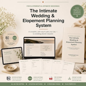 Pode incluir: Um sistema de planejamento de casamento e elopement digital e imprimível, apresentando um laptop exibindo um painel, um tablet com uma lista de verificação e páginas impressas, incluindo uma lista mestra, rastreador de orçamento e cronograma.