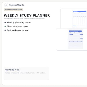 May include: A white digital image with the text "WEEKLY STUDY PLANNER" and "Printable Study Organizer". The image shows a weekly layout with clear study sections. The planner is designed for study blocks, priorities, and school tasks.