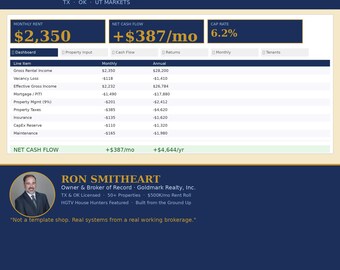 Cashflowtracker voor huurwoningen | TX OK Broker Built | Maximumpercentage cash-on-cash NOI | Excel + Google Spreadsheets | Sjabloon voor vastgoedbelegger