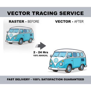 Può includere: Un grafico di servizio di vettorializzazione che mostra un confronto prima e dopo di un'illustrazione di un autobus Volkswagen blu e bianco. Il testo recita VECTOR TRACING SERVICE, RASTER - BEFORE, VECTOR - AFTER, 2 - 24 Hrs, 100% MANUAL, FAST DELIVERY - 100% SATISFACTION GUARANTEED.