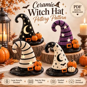 Keramik häxhatt keramikmönster PDF, Halloweenlera mall, häxhatt skulptur schablon, keramisk Halloween dekoration gör-det-själv