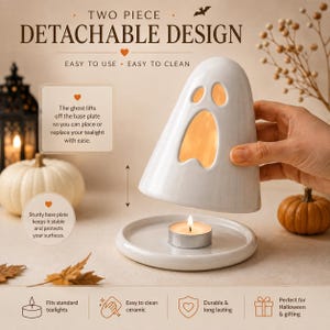 May include: A white ceramic ghost-shaped tealight candle holder with a detachable two-piece design. The top ghost cover features cutouts for eyes and a mouth, resting on a circular base plate that holds a standard tealight candle inside.