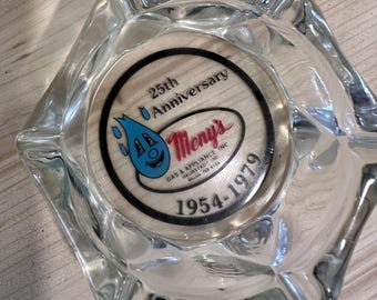 Vintage Meny's Gas & Appliance 25th Anniversary Glass Ashtray 1954-1979 Indiana