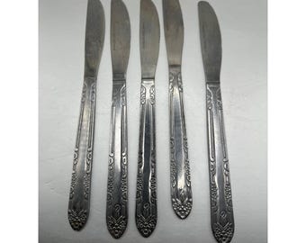 Vintage Stainless Steel Floral Scroll Serrated Dinner Knives Set of 5 China