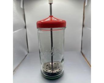 Vintage Speed-E-Whipper Glass Cream Whipper Red Lid Manual Hand Frother Mixer